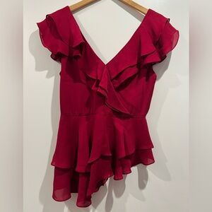 Alice + Olivia Red Silk Ruffle Sleeveless Top